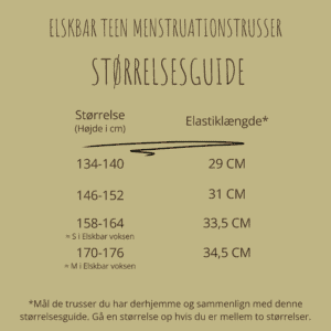 Elskbar teen menstruationstrusser størrelsesguide